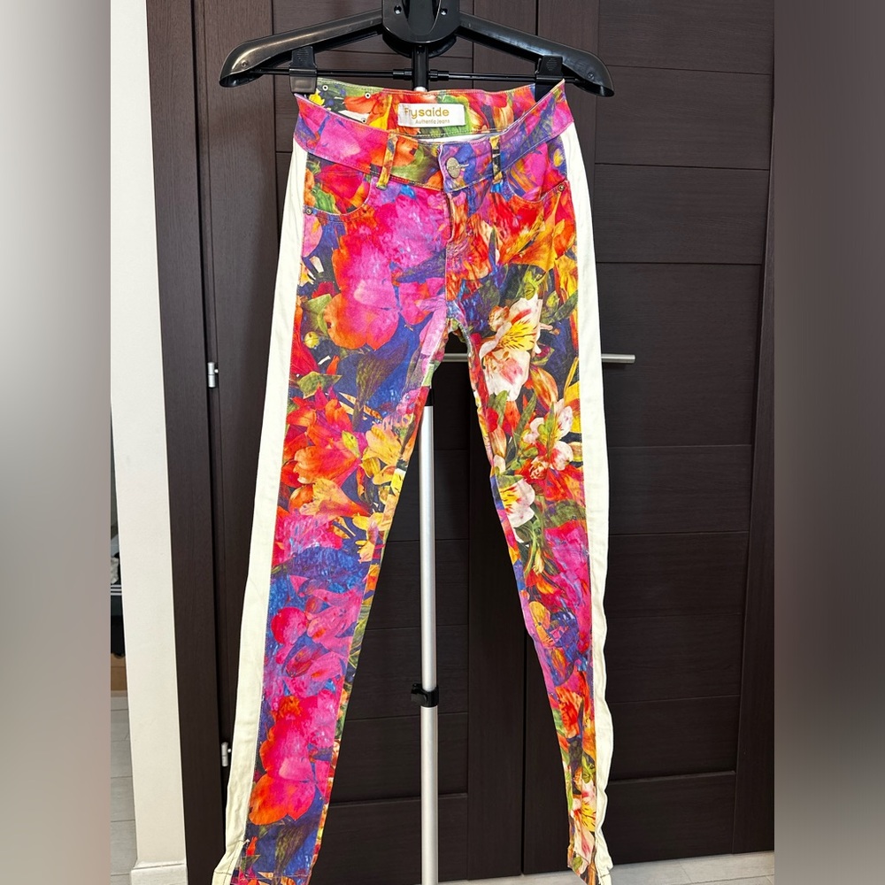 Multicolor Floral Pants with White Stripes